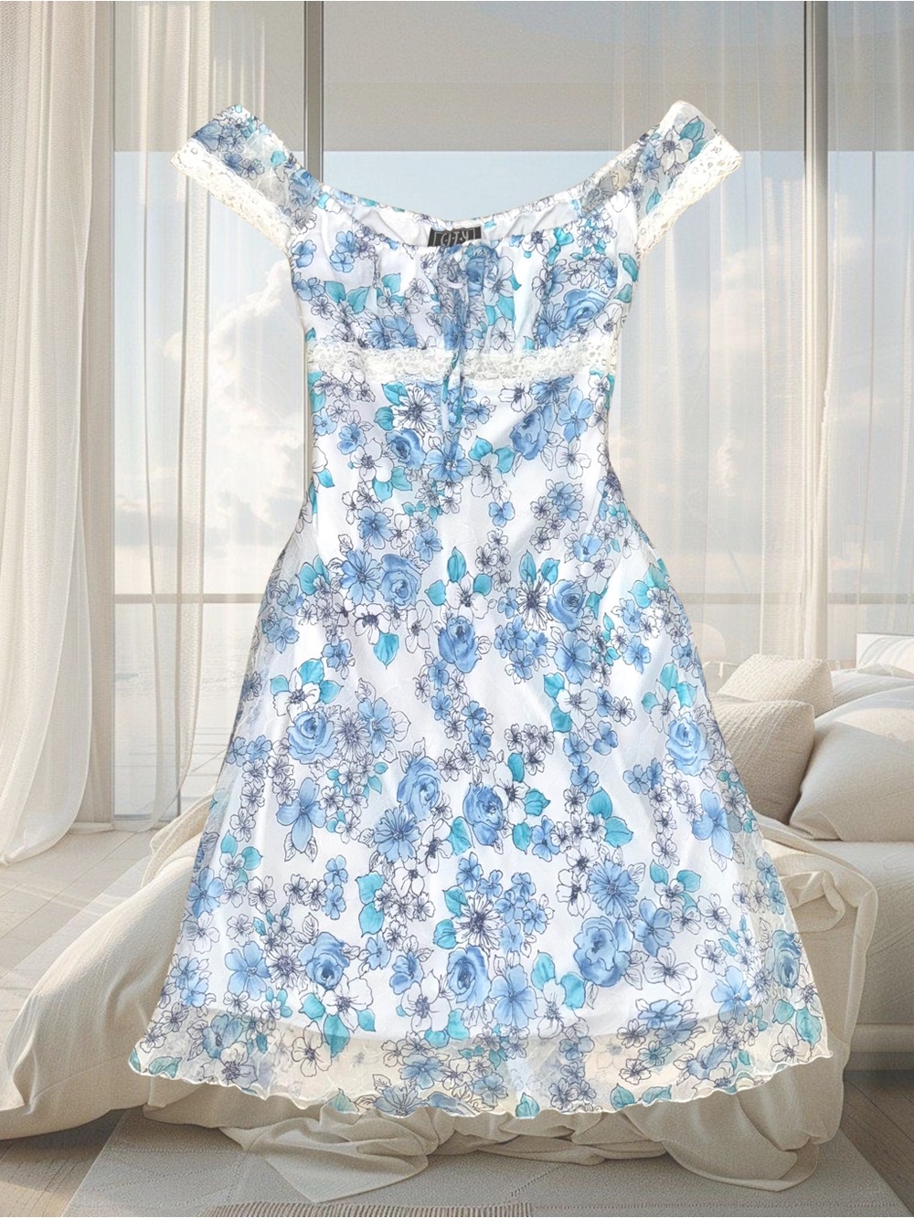 Vintage Y2K Summer Party Blue Floral White Ribbon Milkmaid Lace Dress